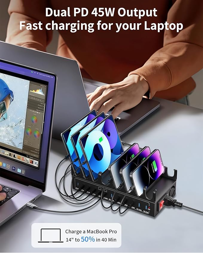 500W Charging Station for Multiple Devices, 12-Port USB C Charging Station with Dual 100W PD PPS, Multi Device Fast Charger Dock for MacBook Pro Laptop, iPhone, iPad, Tablet, Cell Phone