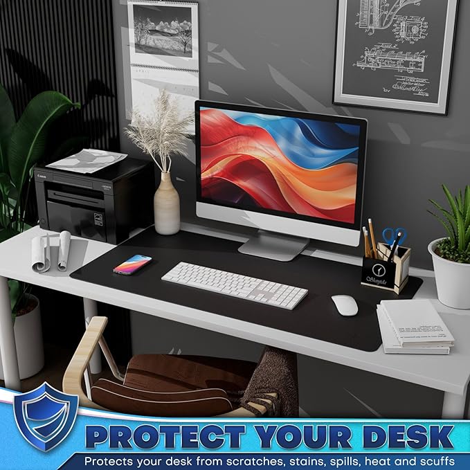 K KNODEL Leather Desk Pad Protector, Office Desk Mat, Large PVC Leather Desk Blotter, Non-Slip Mouse Pad (Black, 17" x 35.4")