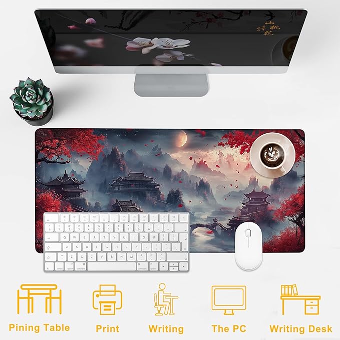 Desk Pad Red Night Full Moon Desk Mat for Keyboard and Mouse, Large XXL Gaming Mouse Pad with Stitched Edges for Work Game Office, 35.43 x 15.75 in