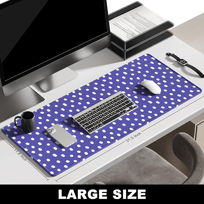 BOSOBO Large Desk Mat, XXL Extended Gaming Mat, Office & Home, Long Keyboard Mat, Huge Desktop Full Cover 31.5 x 11.8 Inches, Minimalist Purple Polka Dots