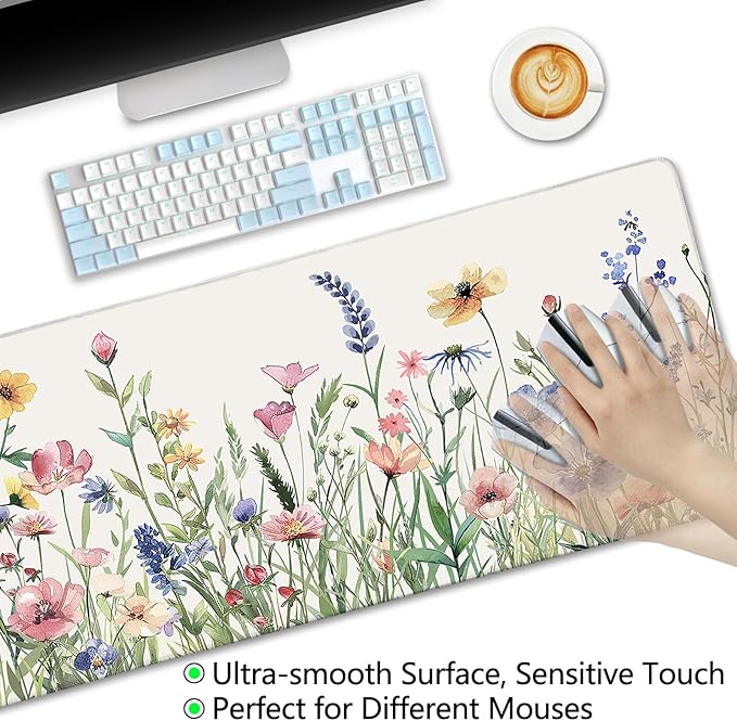 Flower Mouse Pad Large Desk Mat Pad, XL Computer Mousepad with Stitched Edges Non-Slip, Keyboard Mouse Pad for Desktop Laptop Work Home Cute Office Supplies Desk Accessories 31.5x11.8 in