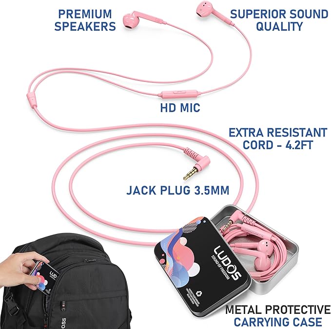 LUDOS FEROX Wired Earbuds in-Ear Headphones, 5 Year Warranty, Earphones with Microphone, Noise Isolation Corded for 3.5mm Jack Ear Buds for iPhone, Samsung, Laptop, Kids, School Students - Pink