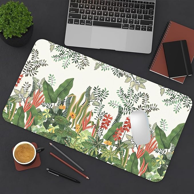 Desk Mat Large Protector Pad 27.5" ×13.8", Non-Slip PU Leather Desk Blotter, Waterproof Mouse Pad for Office Home Foliage