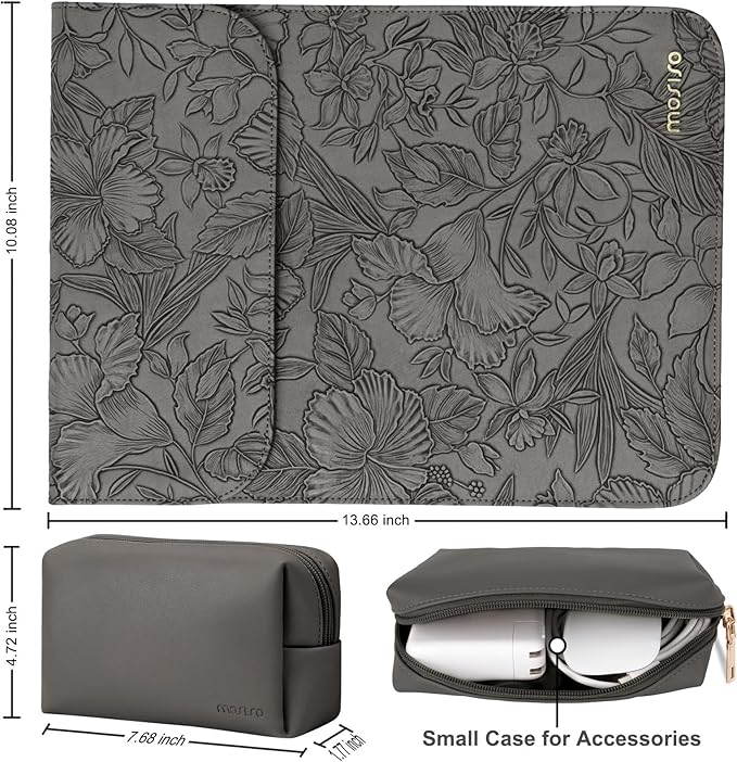 MOSISO Laptop Case 13 inch, 13 inch Laptop Sleeve Compatible with MacBook Air M4 M3 M2 M1 2025-2018 / Pro M2 M1 2025-2016, Embossed Retro Hibiscus PU Leather Case with Small Bag, Gray