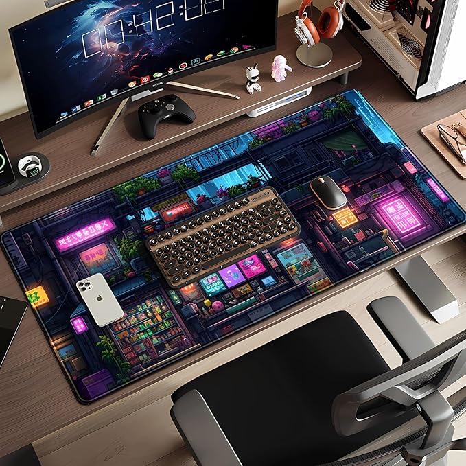Cyberpunk Desk Mat 31.5''X15.7'' Neon Lights Desk Pad Large Gaming Mouse Pad Modern City Ramen Shop Extended Mousepad XXL Japanese Keyboard Mouse Mat for Computer Laptop Gamers