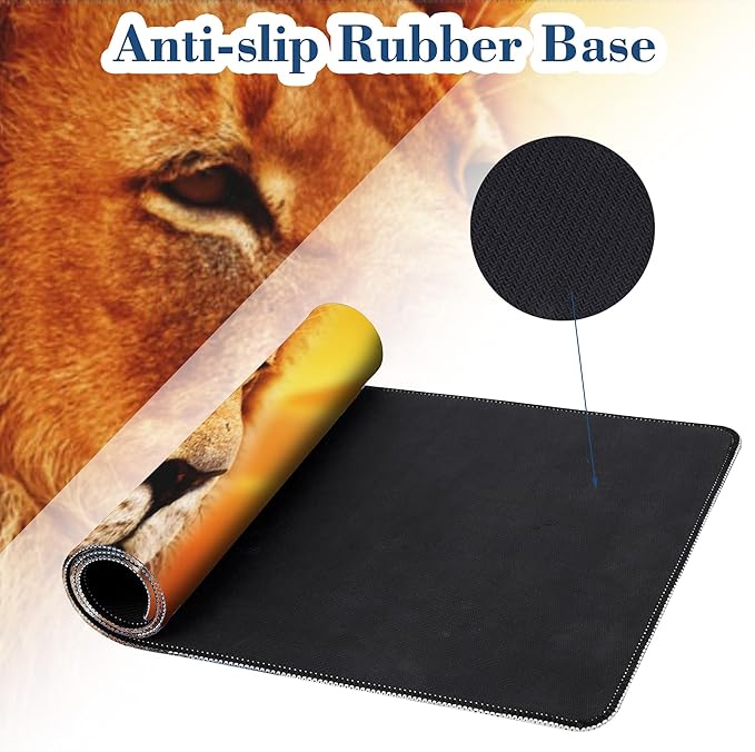 Lion at Sunset Mouse Pad Desk Mat XL Large Gaming Mousepad Extended Computer Keyboard Mat with Non-Slip Rubber Base and Stitched Edge 11.8 x 31.5 Inch for Gaming and Office Work