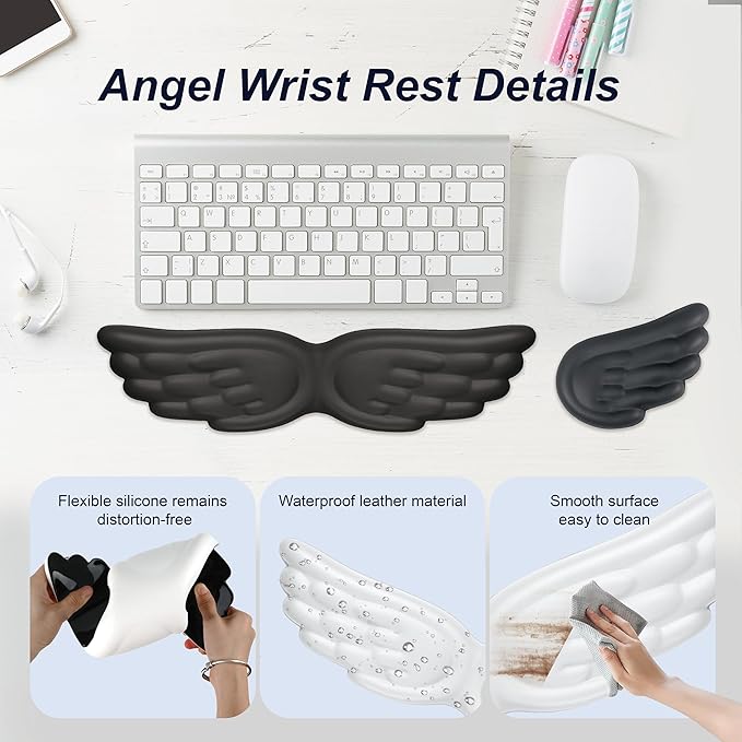 Angel Wing Wrist Rest,Cute Wrist Rest for Keyboard and Mouse,Hand Rests Set Include Ergonomic Keyboard & Mouse Hand Rest and Coaster,Filled Resilient Memory Foam,for Work,Study,Gaming (Pink)