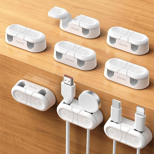 Magnetic Cable Clips - Chfeila 8Pack [Dual Slot] [360°Rotating & Twist-Lock] Cord Management, Adhesive Phone Charging Keeper, Wire Organizer Holder for Nightstand, Home Office Desk Accessories Decor by Chfeila