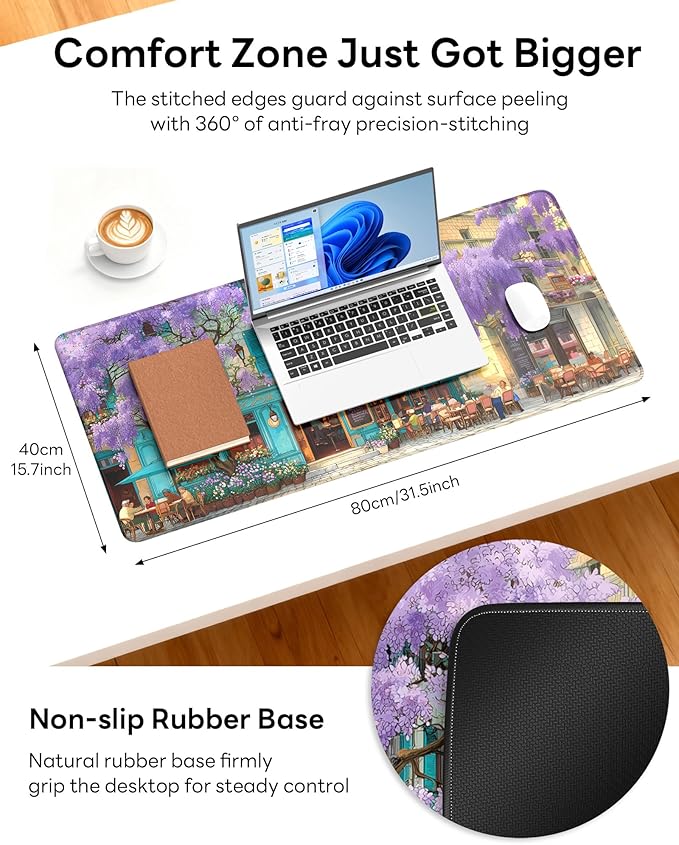 XL Gaming Mouse Pad, 31.5x15.7'' Large Desk Mat with Anti-Slip Rubber Base & Stitched Edges for Gaming, Office, Home - Wisteria Cafe