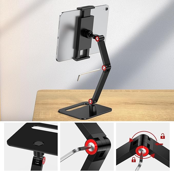 UPERFECT Adjustable Tablet Stand, 360° Swivel & 180° Tilt, Foldable Arm Holder for 4.7–9.87'' Telescopic Clamp, Compatible with ≤18.5'' Monitor/iPhone/iPad/Tablet, Aluminum Alloy, Black