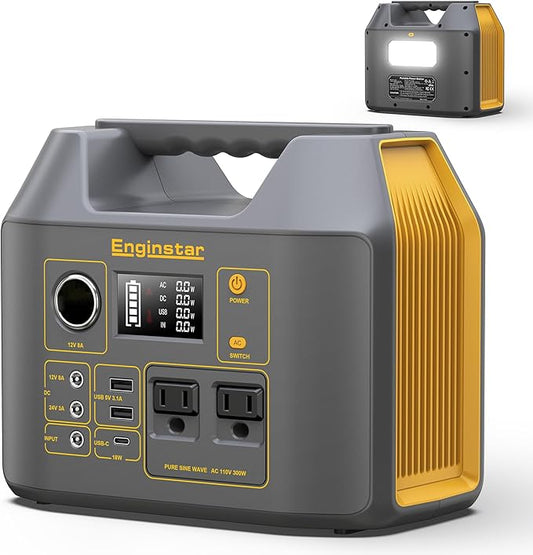 Portable Power Station EnginStar 300W Solar Generator 110V 296Wh Power Bank Two Pure Sine Wave AC Outlet 80000mAh Lithium Battery Pack for Camping Outdoors Trip RV Hunting Vans Emergency Backup
