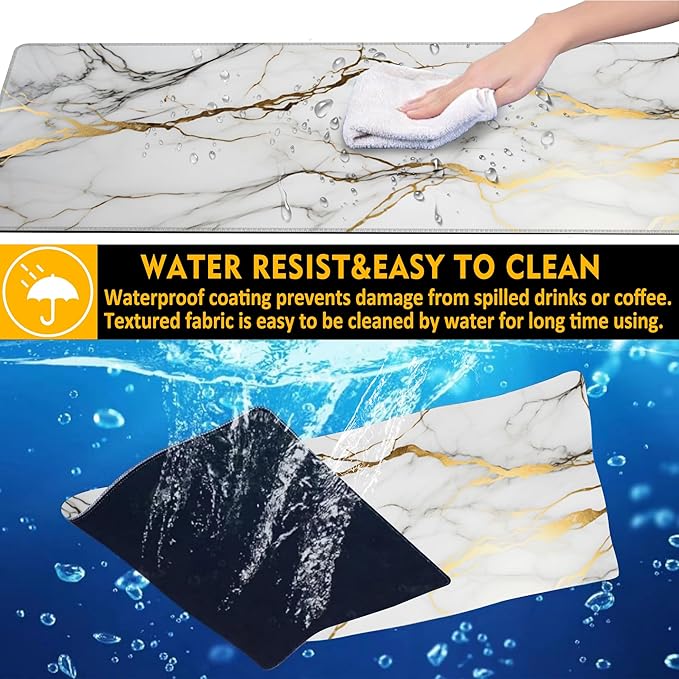 Desk Mat,Gold Line Marble Gaming Mouse Pad,31.5""X15.7"" Large Desk Pad with Stitched Edge Non-Slip Base Keyboard Big Mouse Pad for Office Home Work Gaming-White, WDQ-D02