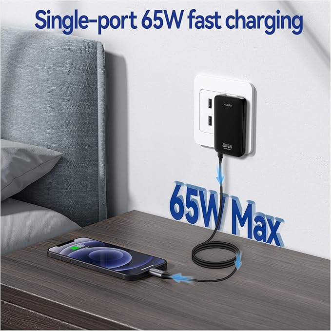 65W Flat USB c Wall Charger,Folding Travel Dual Port USB Wall Charger, for Laptops, Tablets, Phones, Black (Black-New)