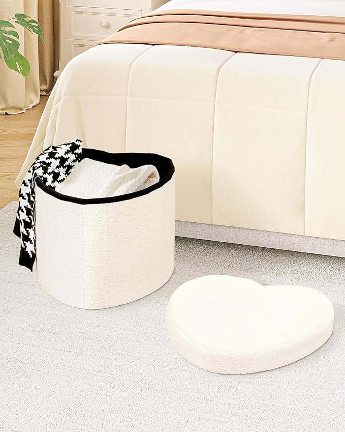 B FSOBEIIALEO Storage Ottoman Cube, Heart Shaped Ottomans with Storage Foot Stool Footrest for Lving Room, Boucle Ottoman Seat for Dorm Room,Faux Teddy Fur, White 15"x15"x15"