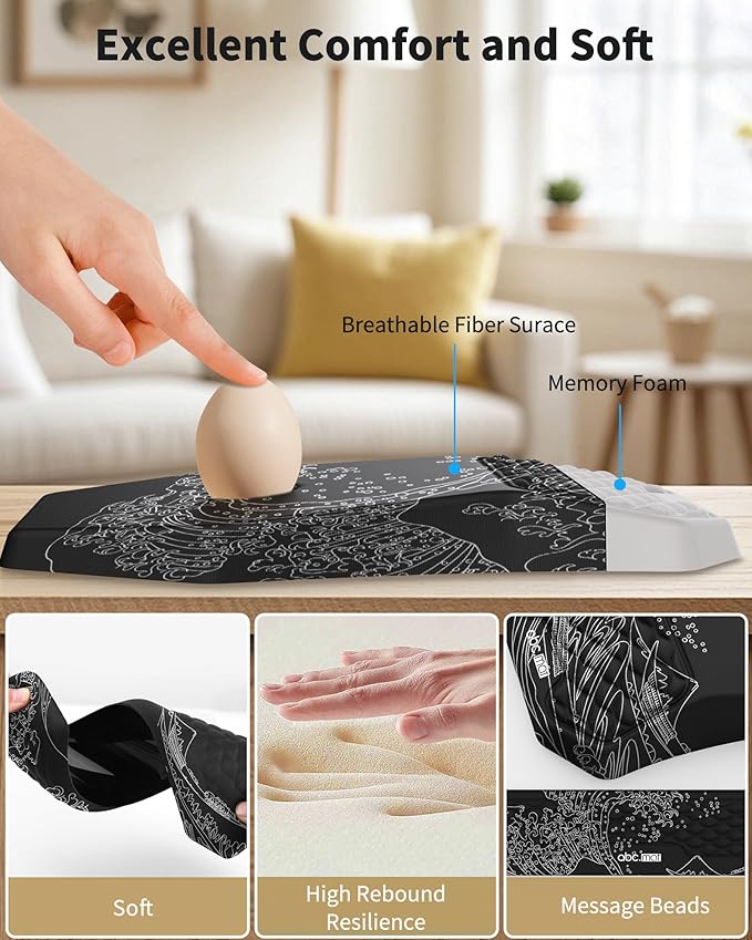 Ergonomic Mouse Pad and Keyboard Wrist Rest Support Set, Massage Design Mousepad for Carpal Tunnel Pain Relief, Memory Foam, Non-Slip PU Base for Computer Desk, Kanagawa Japanese Sea Wave