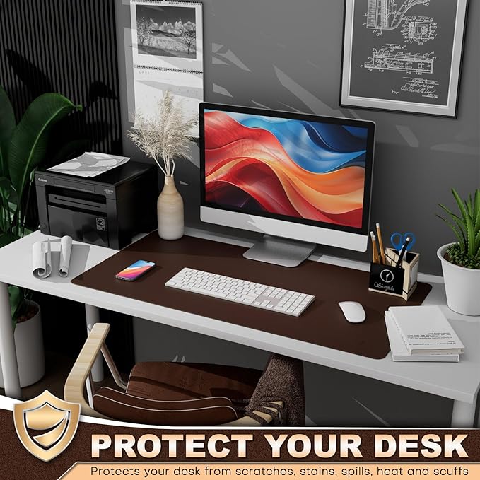 K KNODEL Leather Desk Pad Protector, Office Desk Mat, Large PVC Leather Desk Blotter, Non-Slip Mouse Pad (Dark Brown, 17" x 35.4")