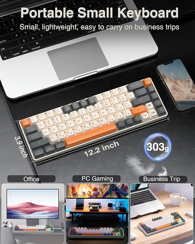 60 Percent Keyboard,RGB Backlit Gaming Keyboard USB-C Wired,Portable 68 Keys Compact Mini Keyboards for Business Trips,Office,PC Games (SK968,Grey&Orange)