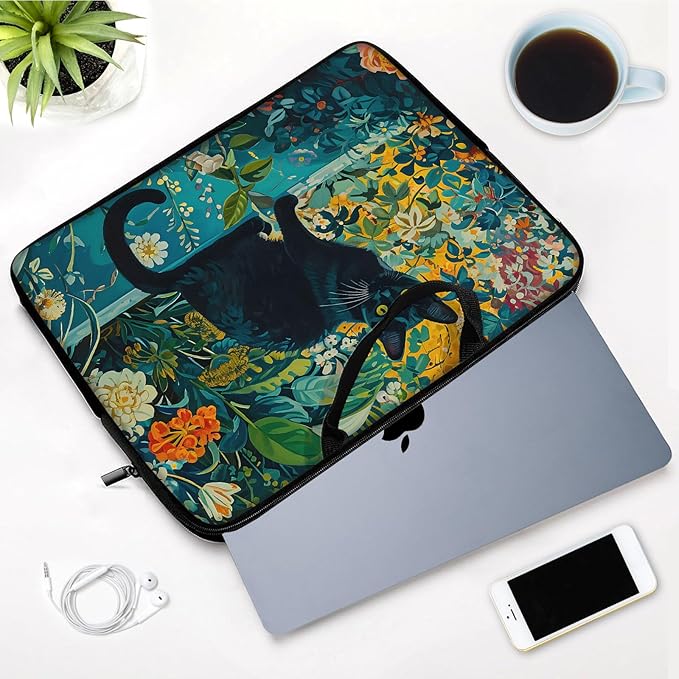 Laptop Sleeve Bag with Handle Computer Protective Soft Cover Case for 14 Inch 13 Inch Laptop,Black Cat Flowers