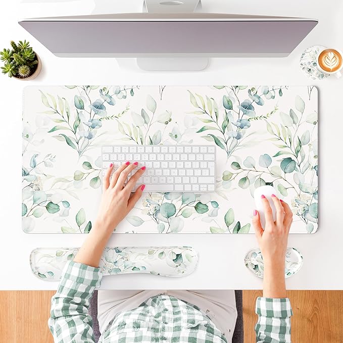 QiyI Leather Desk Mat Set, 4-in-1 Large Mouse Pad with Wrist Rest, Non-Slip Desk Pad + Keyboard Wrist Rest + Mouse Wrist Support + Coaster, Office Desk Accessories Home Decor Supplies, Eucalyptus