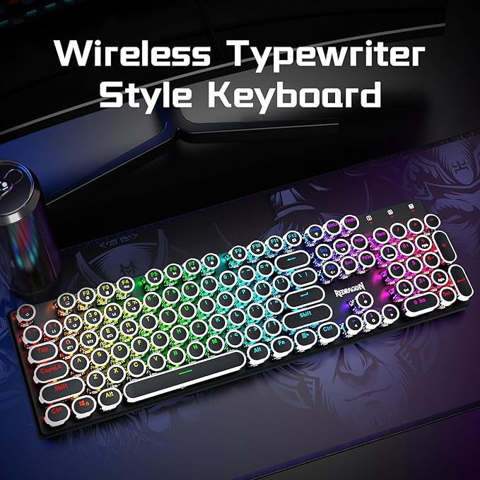 Redragon Typewriter Keyboard Wireless, Mechanical Gaming Keyboard, Bluetooth/2.4Ghz/Wired, RGB LED Backlit, Rechargeable, Blue Switch - Clicky, Solid Metal Panel, Round Keycaps, Black