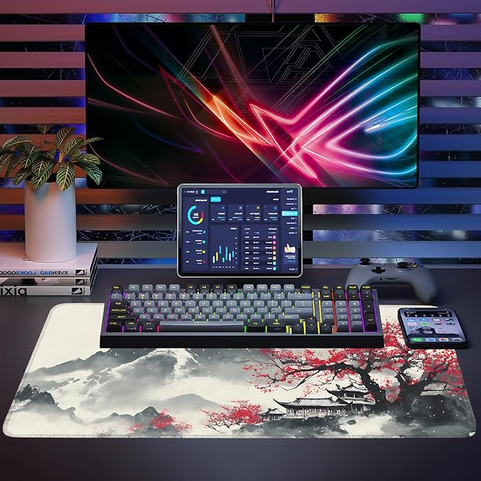 Mouse Pad, Large Anti-Slip with Stitched Edges Desk Mat Desktop Laptop Computer Desk Keyboard Mat,Table Protector Blotter Mat (Plum Blossom, 35.4" x 15.7")
