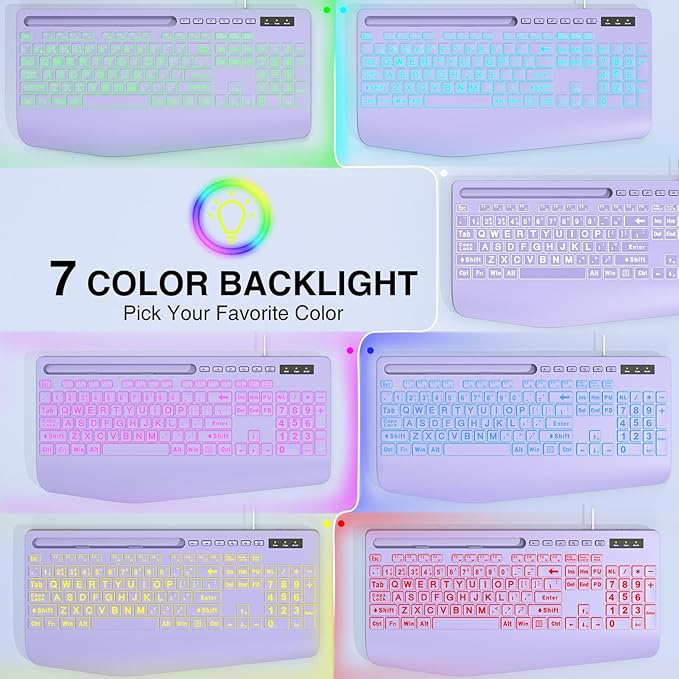 SABLUTE K21Pro Large Print Backlit Computer Keyboards, Wired Lighted USB Keyboards with 7-Color Backlit, Wrist Rest, Phone Holder, Easy to Read and Type for Laptop, PC, Windows, Desktop (Purple)
