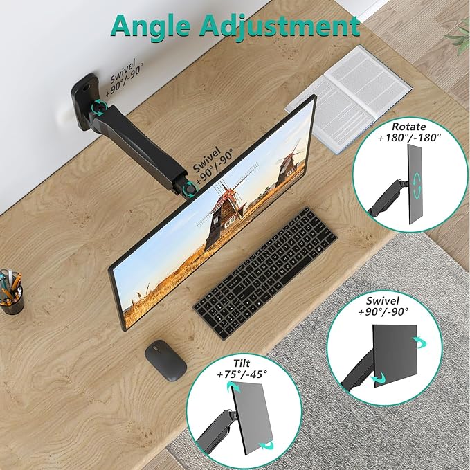 WALI Monitor Wall Mount 27+ inch, Wall Mount Monitor Arm Fits 1 Screen up to 32 inch, Single Monitors Mount Holds up to 19.8lbs, Monitors Arm Max Extension 13.4 inch,(GSWM001S), Black