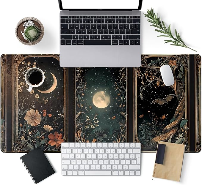 Celestial Lunar Nature Tarot Card Desk Mat 31.5''X15.7'' Dark Green Desk Pad Moon Botanical Floral Large Mouse Pad Extended Gaming Mousepad XXL Keyboard Mouse Mat for Computer Laptop Gamers