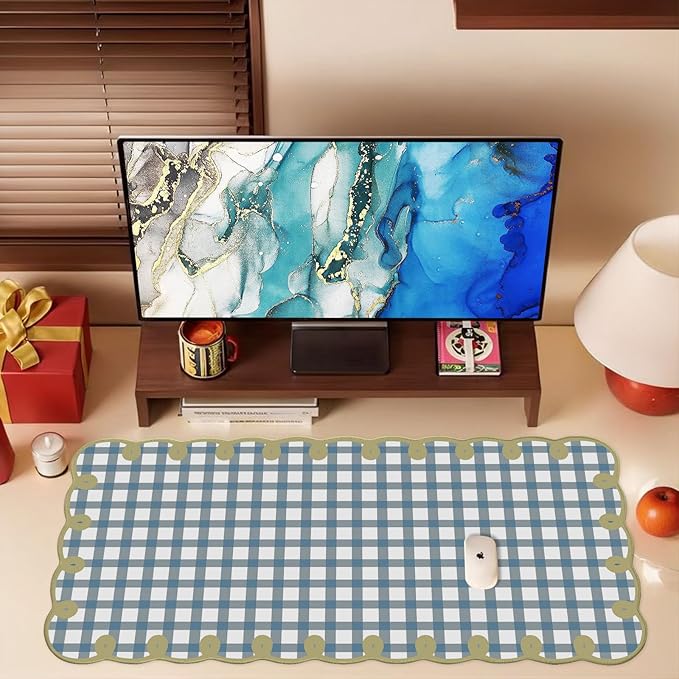 Cute Blue Green Scalloped Desk Mat Checkered Large Mouse Pad Kawaii Vintage Farmhouse-Inspired Cottagecore Office Desk Decor Stitched Nonslip Pad for Computer Keyboard & Mouse 31 * 15.7in