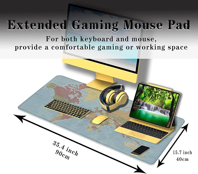 Desktop Mat World Map Full Desk Mouse Pad, Office Gaming Mousepad Large Mousepad, Computer Pad Non-Slip Rubber Base Waterproof with Stitched Edges, 35.4 X 15.7 in for Work/Game/Office/Home