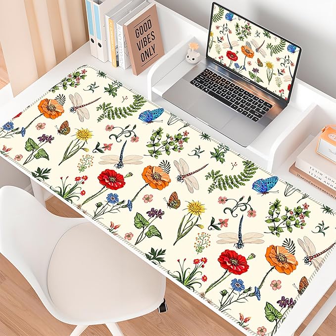 Desk Mat,Big Desk Pad,31.5 x 11.5in Extended Gaming Mouse Pad,Large Mouse Pad for Desk Rubber Base Mousepad with Stitched Edges,Keyboard Mouse Mat for Work Game Office Home - Dragonflies Flower