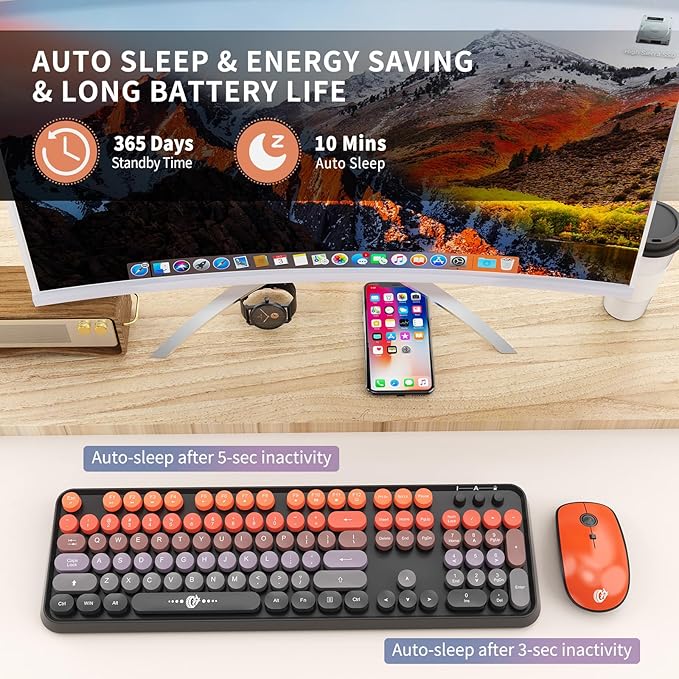 FOPETT Wireless Keyboard and Mouse Combo, 104 Keys Full-Sized 2.4 GHz Round Keycap Colorful Keyboards, USB Receiver Plug and Play, for Windows, Mac, PC, Laptop, Desktop (GradientOrange)