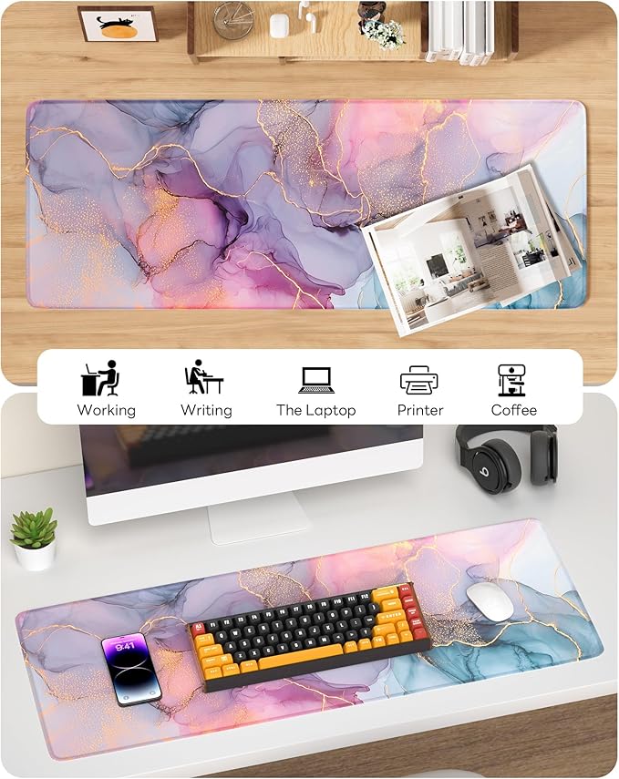 Fantasy Marble Mouse Pad, 31.5 x 11.8 Large Desk Mat with Stitched Edges & Non-Slip Base, Mousepad for Office, Home, Work