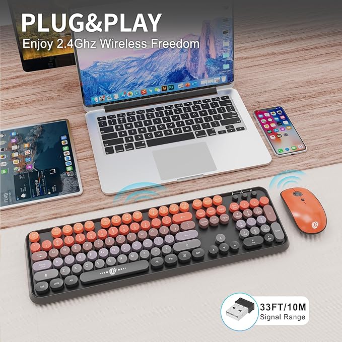 FOPETT Wireless Keyboard and Mouse Combo, 104 Keys Full-Sized 2.4 GHz Round Keycap Colorful Keyboards, USB Receiver Plug and Play, for Windows, Mac, PC, Laptop, Desktop (GradientOrange)