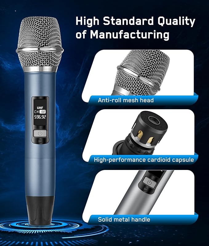 Rechargeable Wireless Microphone, Two Metal UHF Microphones with 1/4" Receiver, Plug-and-Play for Karaoke Singsing, Lecture, Stage Performance, PA System (Blue - One Mic)