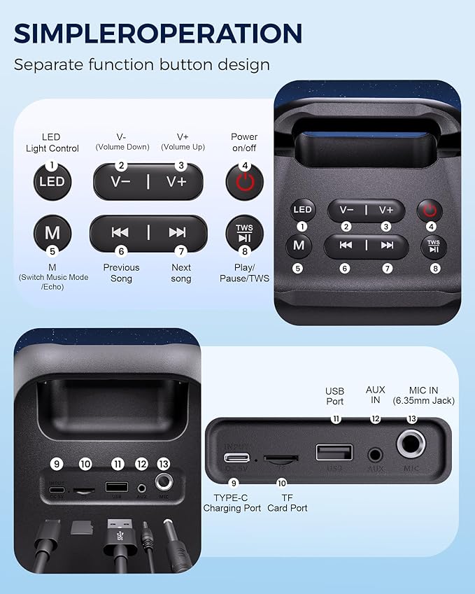 Bluetooth Speaker，Portable Party Speaker with Colorful Lights，Wireless Speaker with HD Loud,Surround Sound Systems Support TWS/AUX/USB/TF Card Ideal for Party,Home,Outdoor Camping
