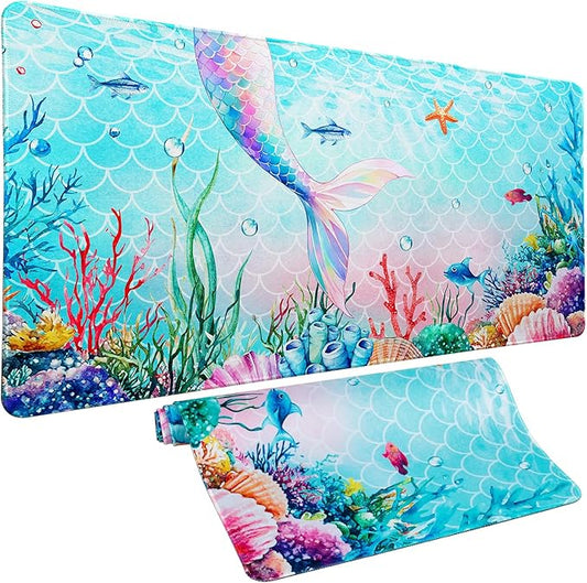 Ocean Mermaid Mouse Pad Desk Mat, Magic Mermaid Large Gaming Mouse Pad Fish Tail Anime Desk Pad Mousepad XXL Extended Keyboard Mat Mouse Mat, Waterproof, 31.5x15.7 in