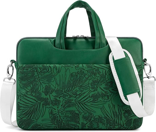 Kinmac Embossed PU Leather 360° Heavy Duty Protective Laptop Sleeve (Green Leaves, 15 inch-16 inch)