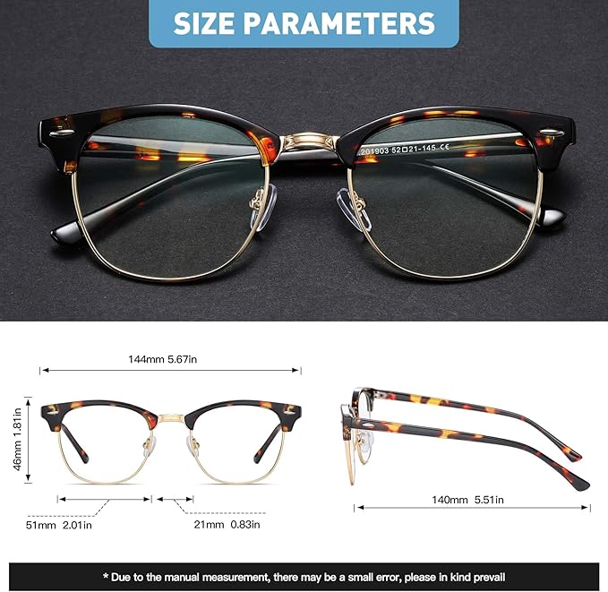Blue Light Blocking Glasses Vintage Half Frame UV Clear Lens Anti Eyestrain Computer Gaming Glasses for Women Men(P57)