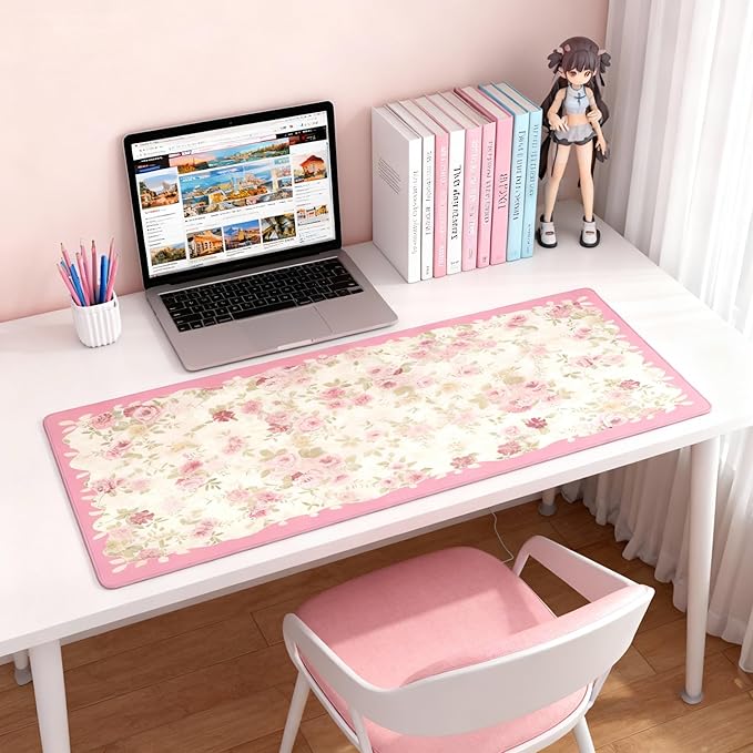 Aesthetic Floral Desk Pad for Women, Pink XXL Large Mouse Pad with Stitched Edges, Non-Slip Office & Home Desk Mat for Computer, Keyboard, Cute Office Decor & Supplies