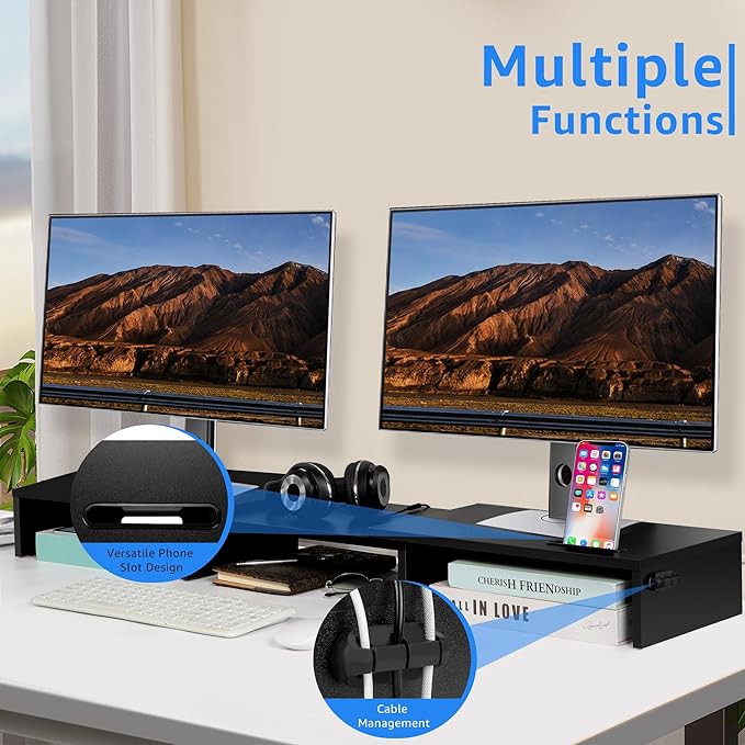 La Jaco Dual Monitor Stand Riser for 2 Monitors, Monitor Stand for Desk, Adjustable Length & Swivel Angle Wooden Desktop Organizer Stand Riser with Smartphone Holder for PC Monitor Laptop, Black