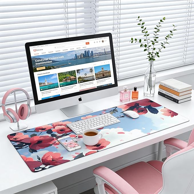 Cute Floral Aesthetic Cherry Gaming Mouse Pad, Blue Pink Anime Desk Mat with Anti-Slip Base & Stitched Edges, Office Supplies & Desk Decor for Women, 35.4" x 15.7" in Home Office Essentials