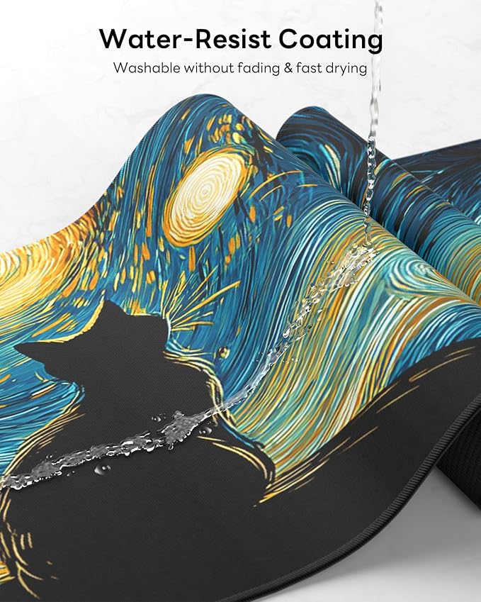 Van Gogh Cat Mouse Pad, 31.5 x 11.8 Large Desk Mat with Stitched Edges & Non-Slip Base, Mousepad for Office, Home, Work