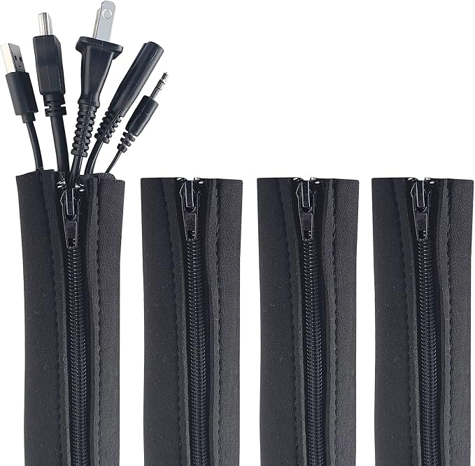 Zipper Cable Sleeve by Wrap-It Storage - 24" x 4" (4-Pack) Black - Cord Organizer and Cable Protector for Desk, Computer, TV Cord Management to Hide and Cover Wire and Extension Cables by Wrap-ItStorage