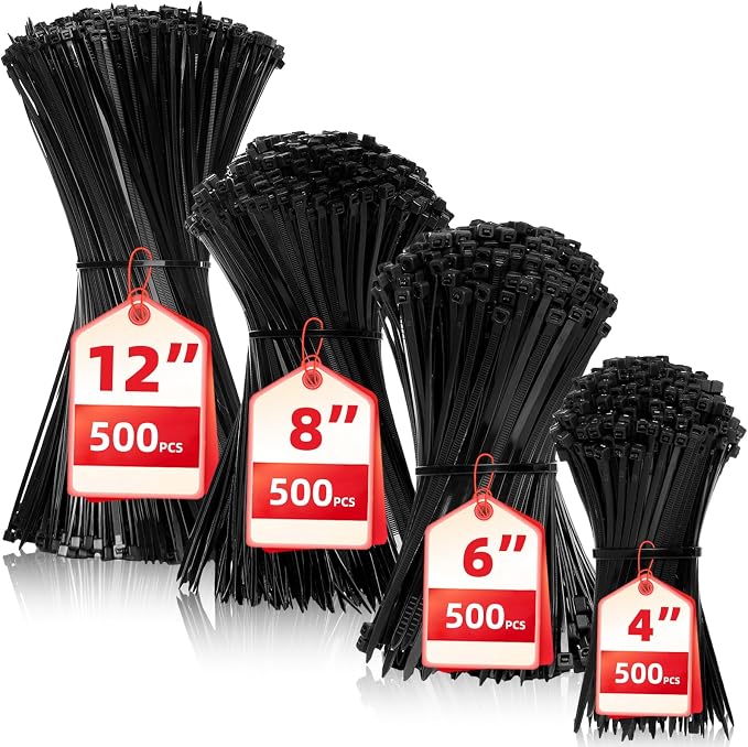 Zip Ties Assorted Sizes(4”+6”+8”+12”), 2000 Pack,Black Cable Ties,Multi-Purpose Self-Locking Nylon Cable Cord Management,Plastic Wire Ties for indoor and outdoor use. by HAVEMETD