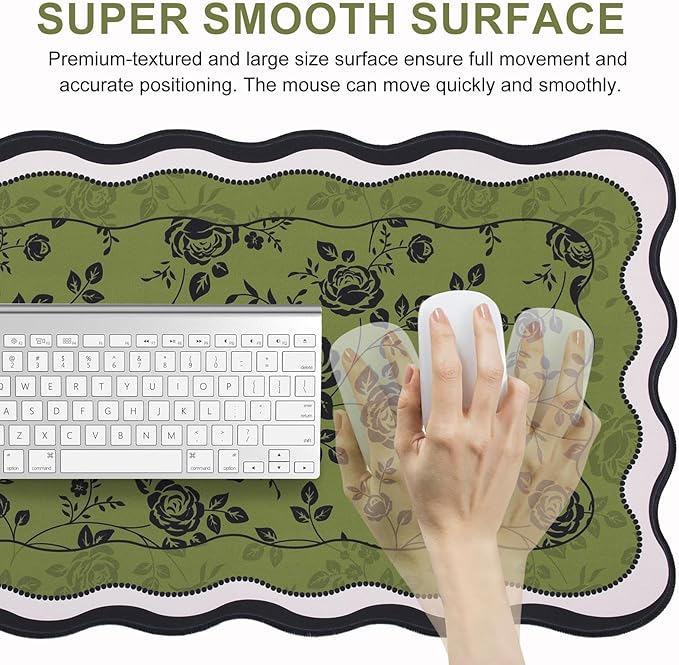 L-SPOUTTO Green Floral Mouse Pad,Aesthetic Desk Mat XXL Large Scalloped Gaming Mousepad,35.4x15.7in Non-Slip Keyboard Pad Waterproof Desktop Mat for Laptop Computer Work Game Office-Vintage Roses
