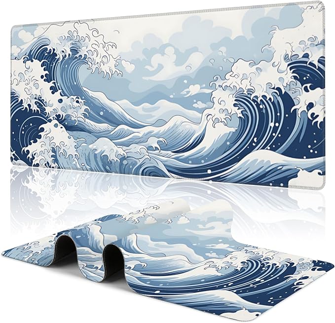 Mountain Gaming Mouse Pad,Japanese Blue and White Sea Wave Desk Mat,31.5""X15.7"" Large Desk Pad with Stitched Edge Non-Slip Base Keyboard Big Mouse Pad for Office Home Work Gaming, WDQ-D05