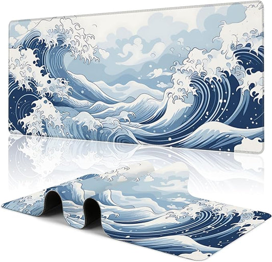 Mountain Gaming Mouse Pad,Japanese Blue and White Sea Wave Desk Mat,31.5""X15.7"" Large Desk Pad with Stitched Edge Non-Slip Base Keyboard Big Mouse Pad for Office Home Work Gaming, WDQ-D05