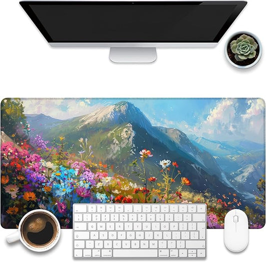 Large Gaming Mouse Pad for Desk, Watercolor Colorful Wildflowers Desk Mat, Flowers On Mountains Desk Pad, 31.5"x15.7" Extended Big Computer Mouse Pad with Non-Slip Base and Stitched Edge
