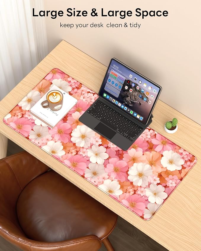 XL Gaming Mouse Pad, 31.5x15.7'' Large Desk Mat with Anti-Slip Rubber Base & Stitched Edges for Gaming, Office, Home - Floral